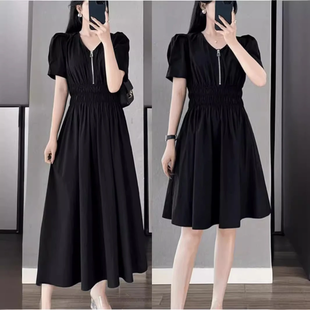 法式赫本风高级感短袖连衣裙女2025夏季V领气质收腰显瘦黑色裙子