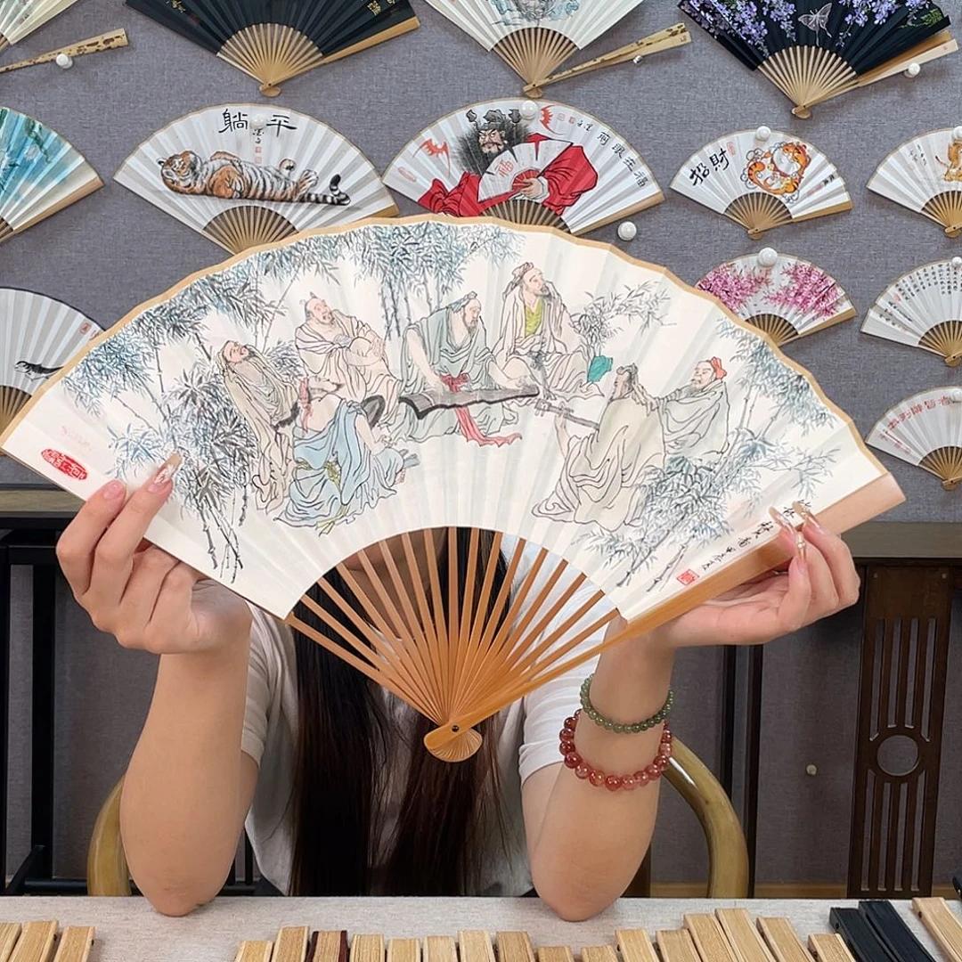 国画95寸老玉竹-纯手绘-文玩扇骨（默认粘好）