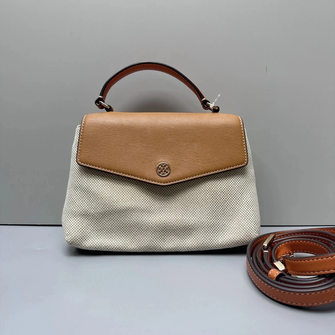 90新 TORY BURCH/汤丽柏琦 帆布手提斜挎包20*14*9cm EM092704