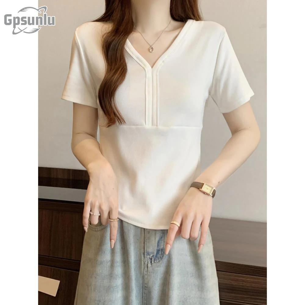 gpsunlu白色正肩短袖女夏季新款休闲百搭修身显瘦设计感小众上衣