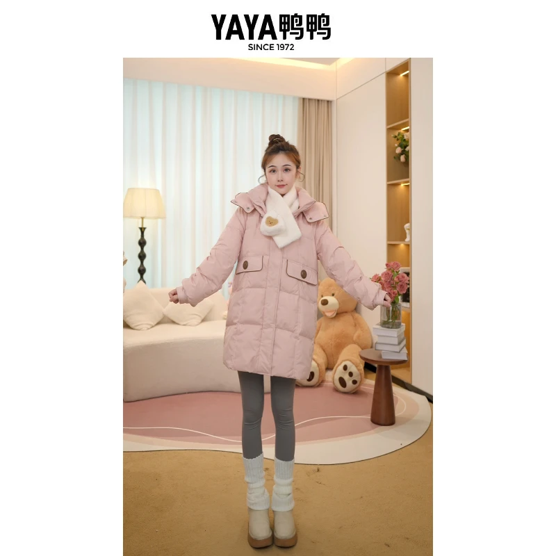 YAYA/鸭鸭羽绒服中长款女款冬季时尚洋气休闲连帽宽松保暖外套潮