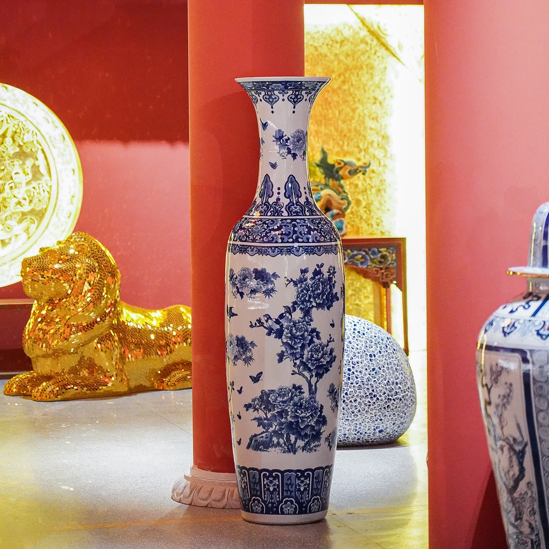 【BENNY本尼家】中式高温陶瓷青花《花开富贵》落地花瓶客厅装饰摆件