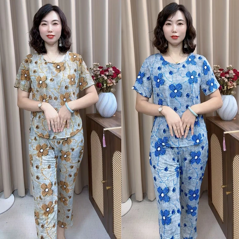 外穿女士夏装休闲中老年女装气质时尚短袖薄款显瘦洋气妈妈装套装