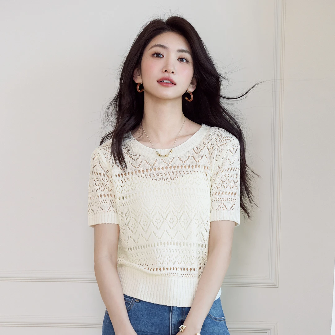 伊芙丽设计感重工镂空钩花气质百搭针织衫女春开衫罩衫1G3930811