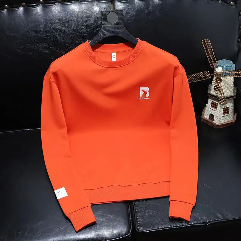 潮流印花橘色卫衣男2025秋冬新款潮流高级感圆领加绒休闲长袖体恤