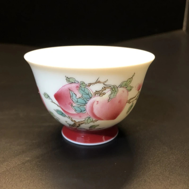 1.4a/N100320/00944/红底粉彩寿桃宋盏杯/口径7.3/高5/85cc