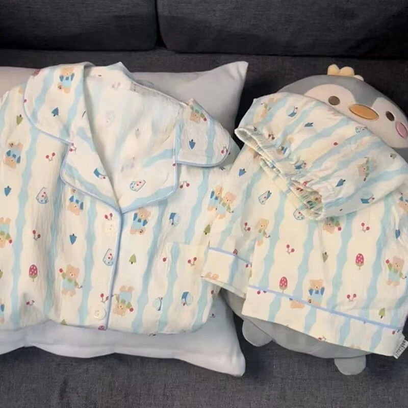 棉质睡衣女ins甜美少女短袖夏季薄款可爱卡通印花宽松家居服套装