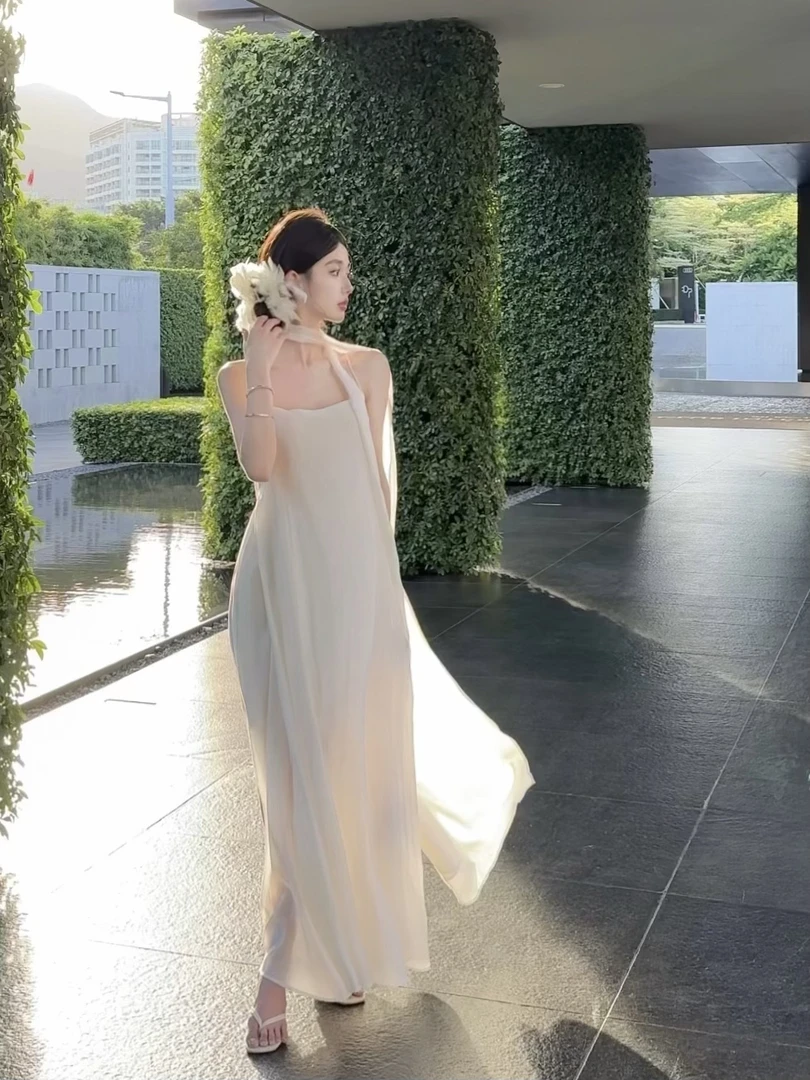 【春日部】时尚简约吊带仙女风白色连衣裙0869