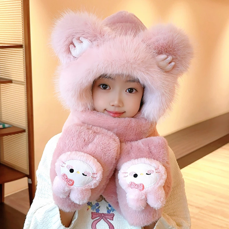 儿童帽子围巾一体手套小熊冬季女孩保暖毛绒帽男童加厚护耳防寒帽