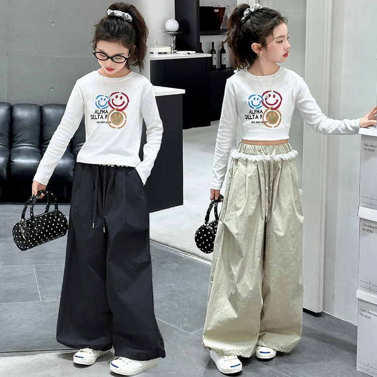 女童蕾丝花边裤2025新款儿童春秋季潮酷套装女大童春装t恤阔腿裤1