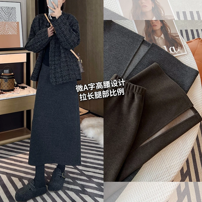 (绵羊毛A字半身裙女)秋冬季新款高腰宽松加绒后开叉显瘦中长款裙