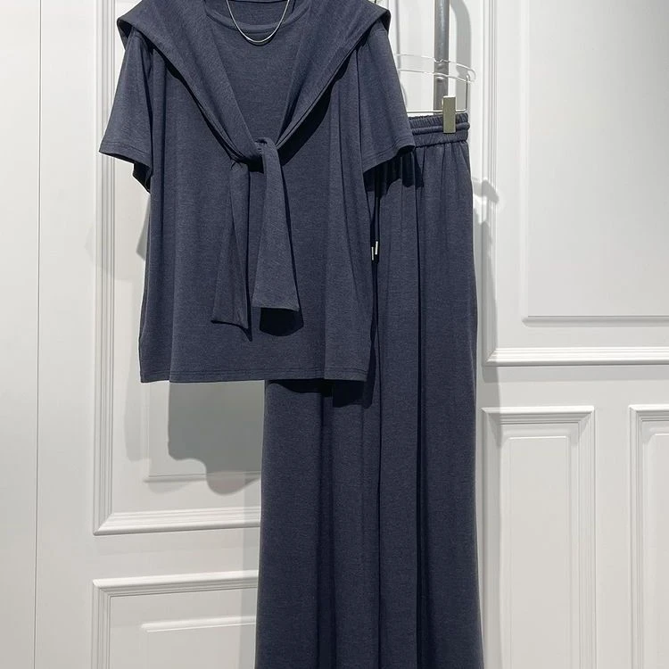 300斤加大码夏季休闲风短袖卫衣披肩高腰长裤男2025新款时尚套装2