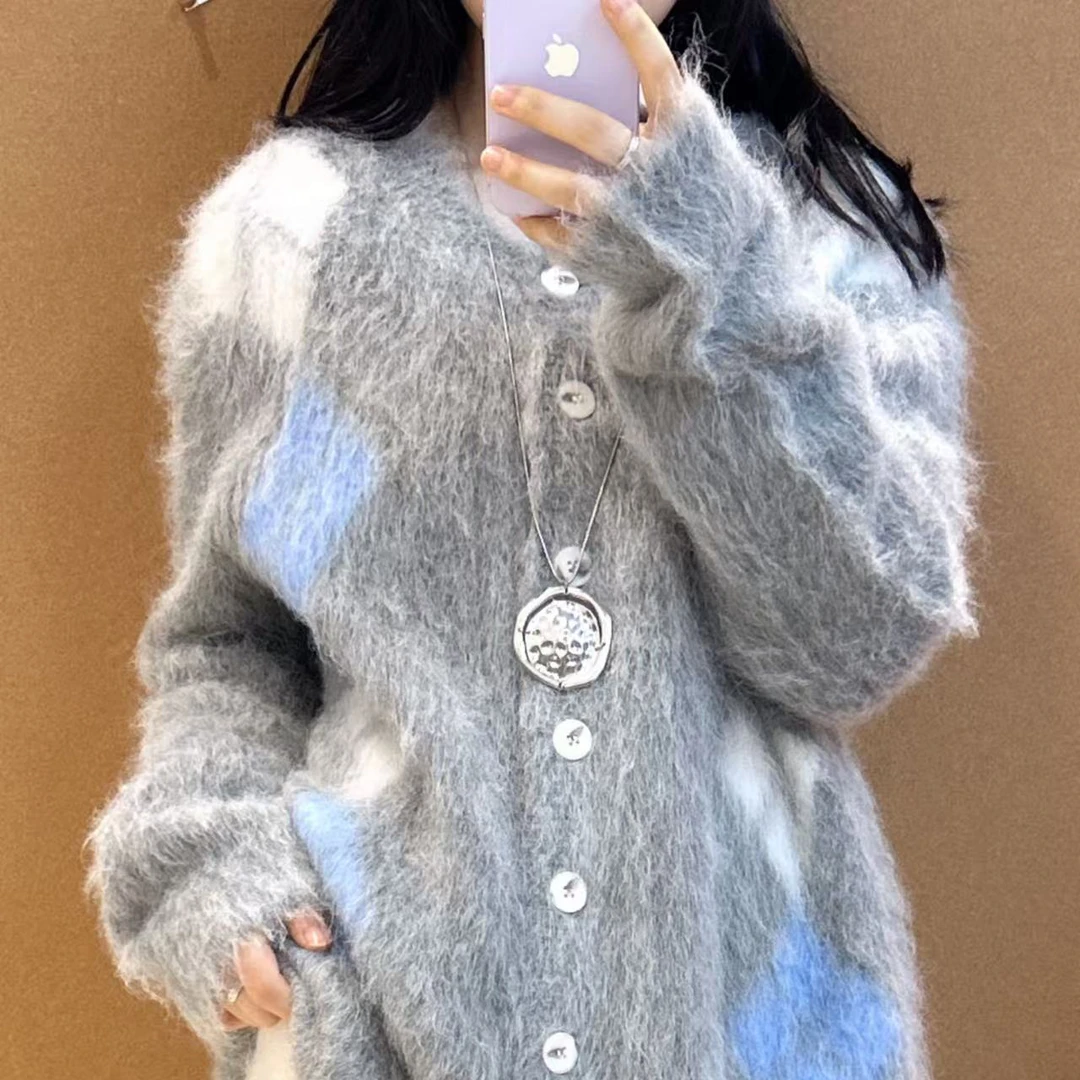 【菱格开衫】羊驼拉绒毛衣长毛慵懒风软糯毛衣加厚外套秋冬装