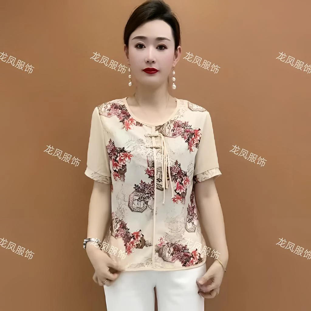 短袖提花设计妈妈装夏季新款百搭时尚气质显瘦遮肉上衣  T恤