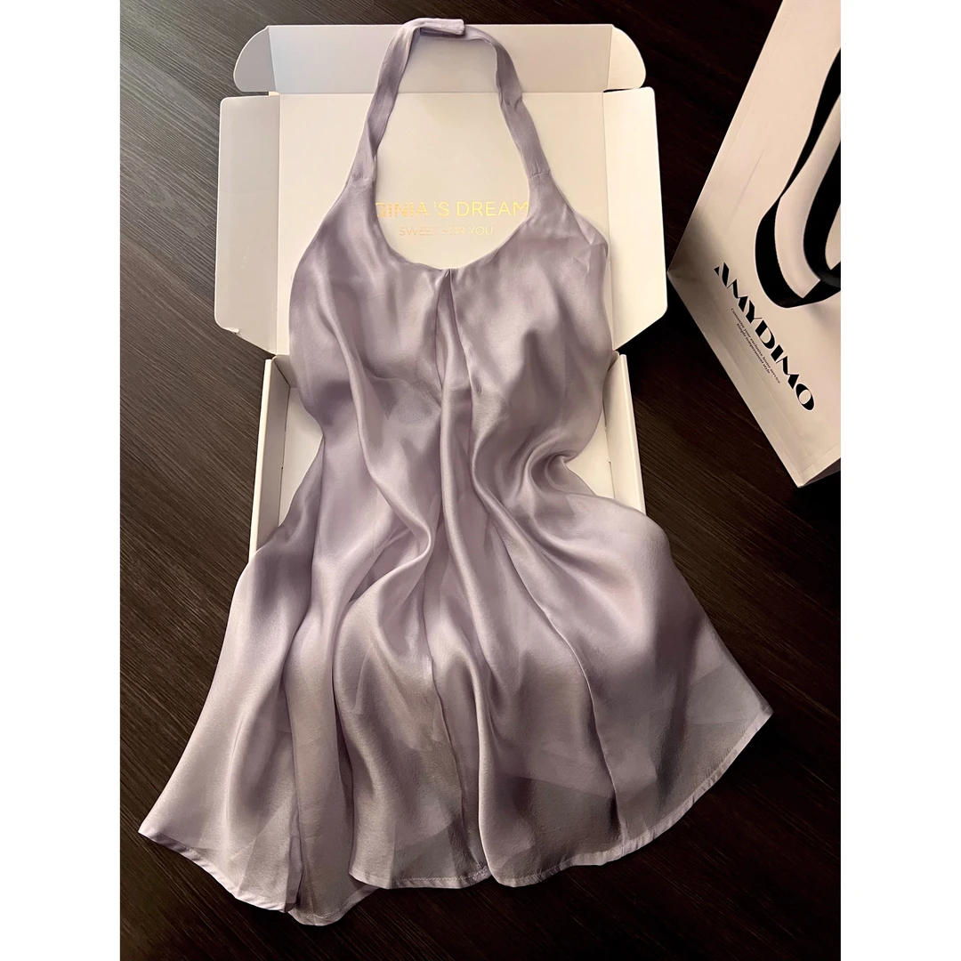 浪漫紫纯欲露背设计挂脖睡裙女夏季新款轻薄大码连衣裙睡衣家居服