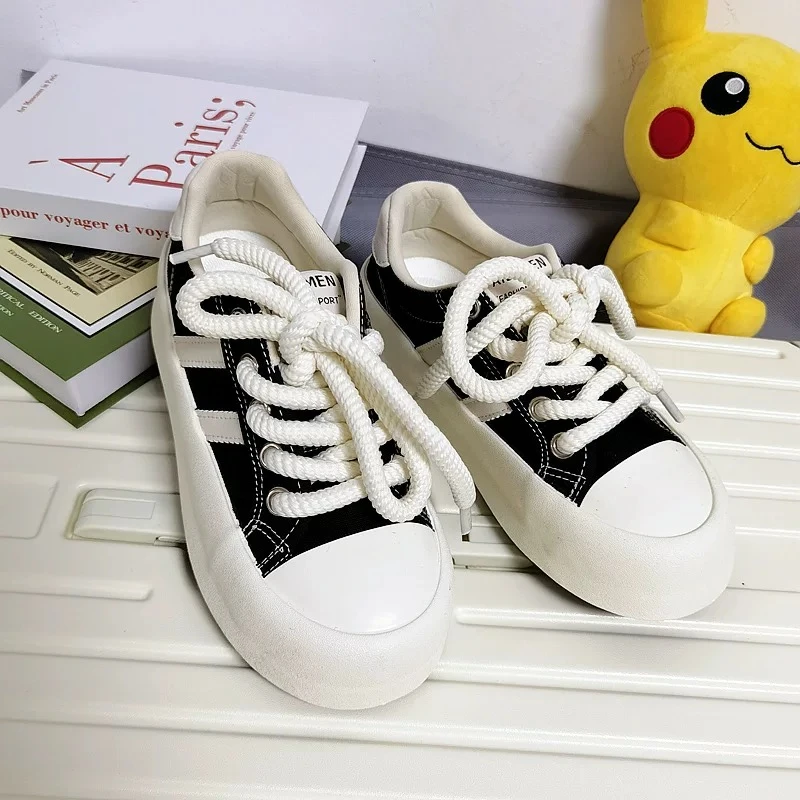 TP313黑色 复古日系学院帆布鞋女2025年新款春季学生厚底运动板鞋