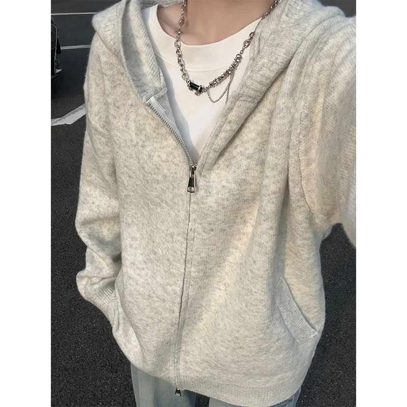 美式针织开衫男款潮牌春秋季休闲慵懒风毛衣高级感连帽外套男