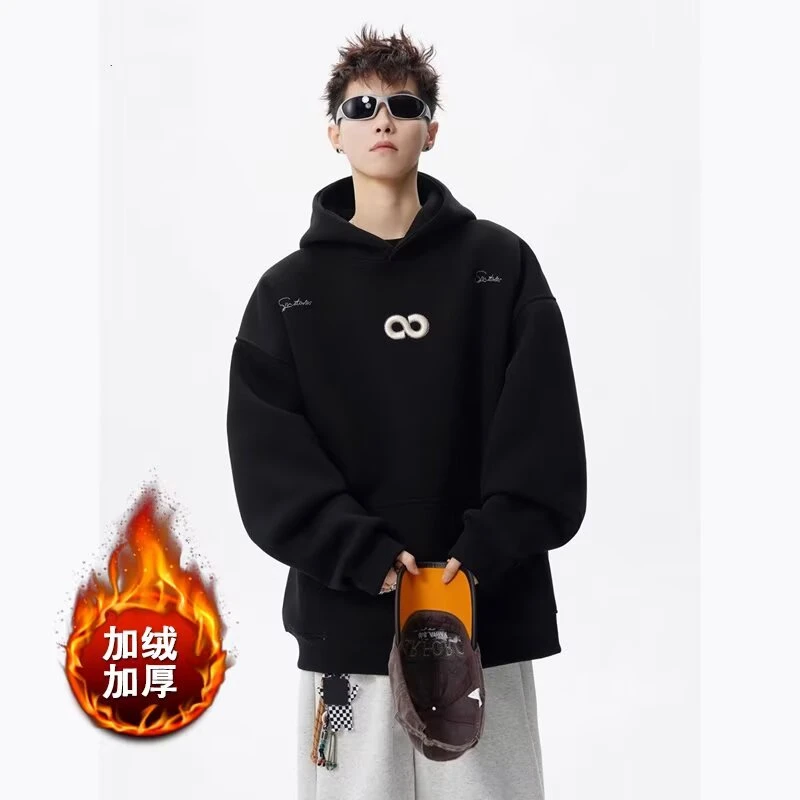 稻草人男士上衣卫衣外套潮流百搭秋冬季印花加绒加厚宽松套头连帽