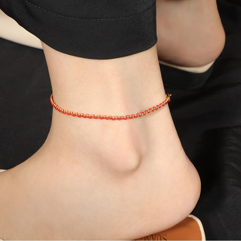 钛钢布艺脚链 （永不掉色）新中式红色好运编织红绳圆珠脚链百搭女