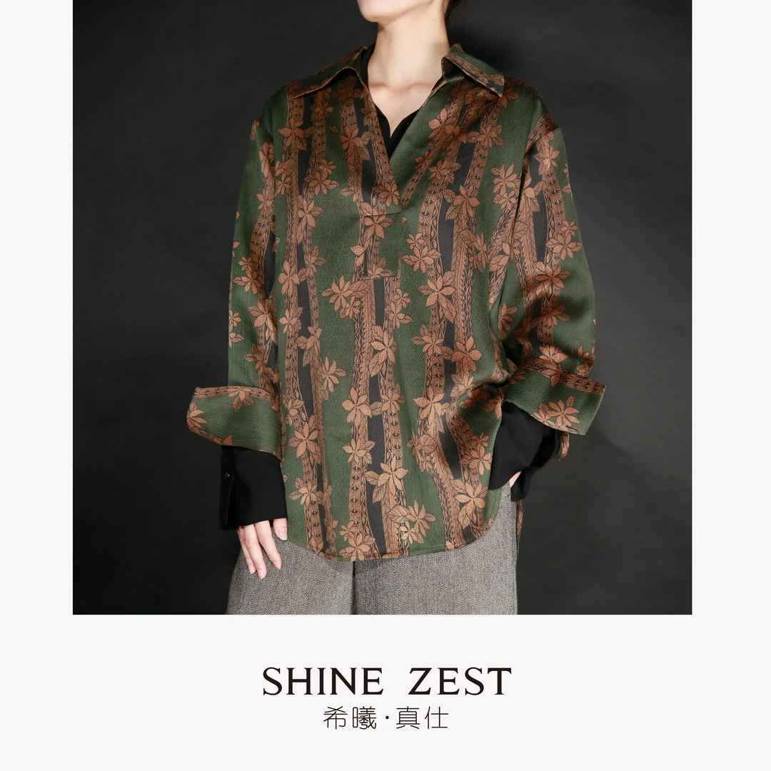 复古印花真丝材质V领套头宽松廓形衬衫