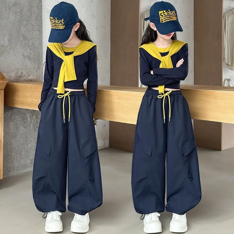 女童韩系穿搭套装秋装2025新款女大童长袖衫披肩儿童工装裤三件套