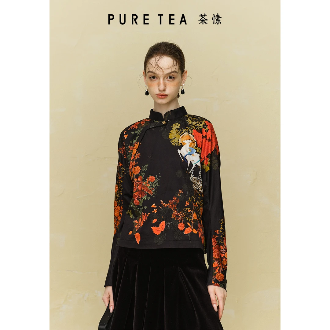 【商场同款】茶愫梦鹿笙花印花衬衫女中式斜襟冬新款TB0401C41