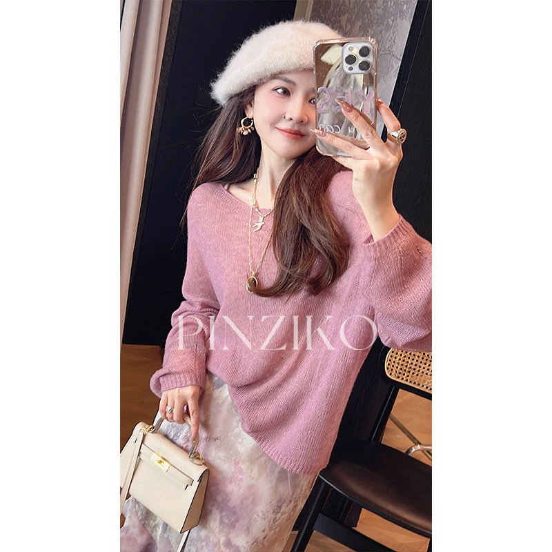pinziko糯米团~天丝山羊绒宽松软糯针织衫女慵懒风显瘦上衣TJF255