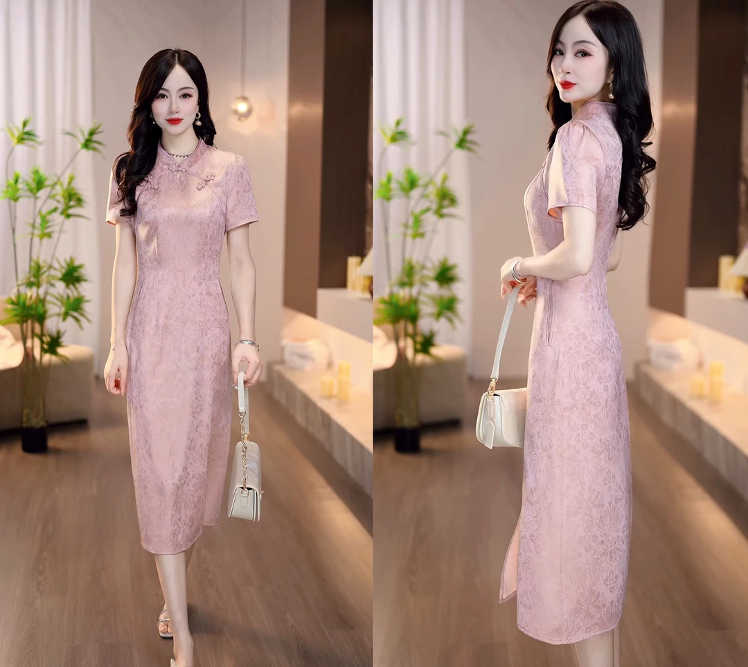 2025夏季新款粉色显瘦时尚清新气质修身优雅中式旗袍连衣裙M-4XL