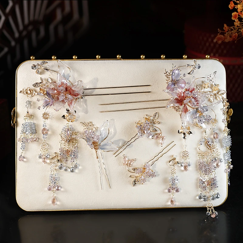 GZ332新款浅粉减龄水凝胶花朵水晶串珠流苏甜美百搭秀禾服头饰