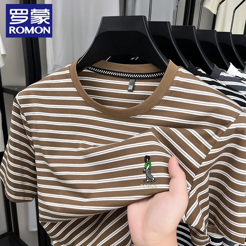 Romon/罗蒙新款夏季棉质男士条纹半袖圆领短袖百搭透气时尚T恤衫