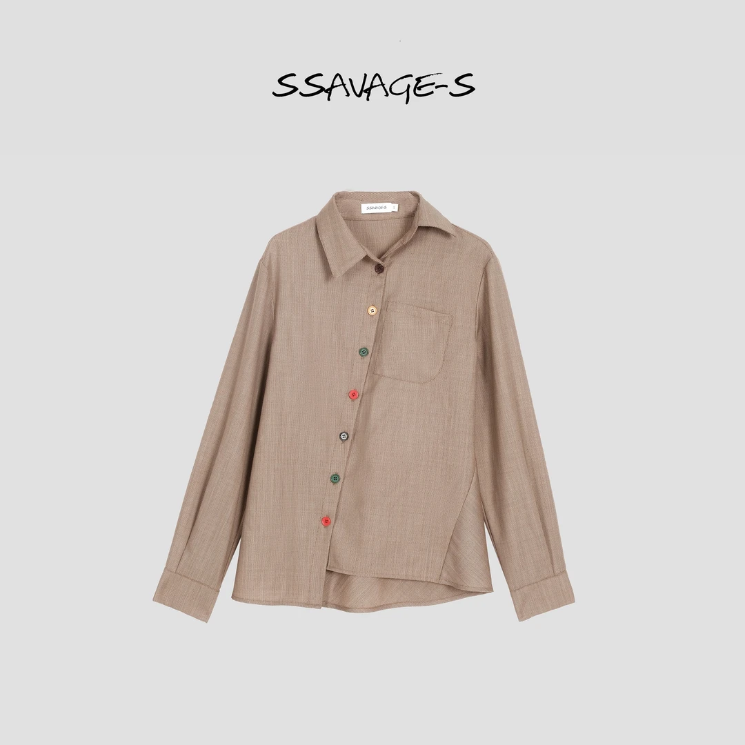 SSAVAGE“心动频率”斜门襟彩色纽扣美丽诺羊毛女装衬衫SS90605