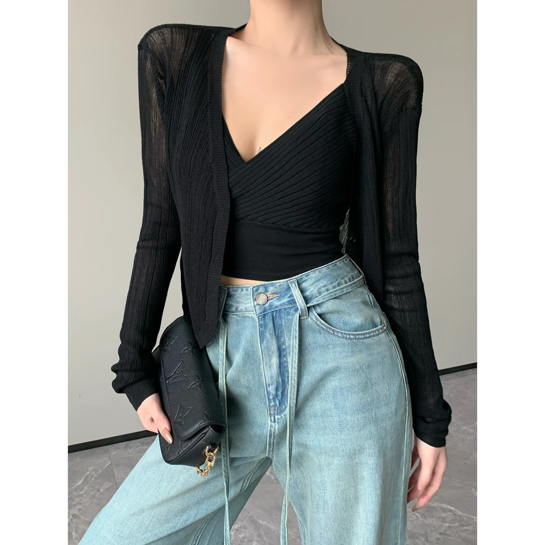 JIJINQI显瘦气质微透外套上衣秋款女装小众长袖针织衫JC05SMPT030