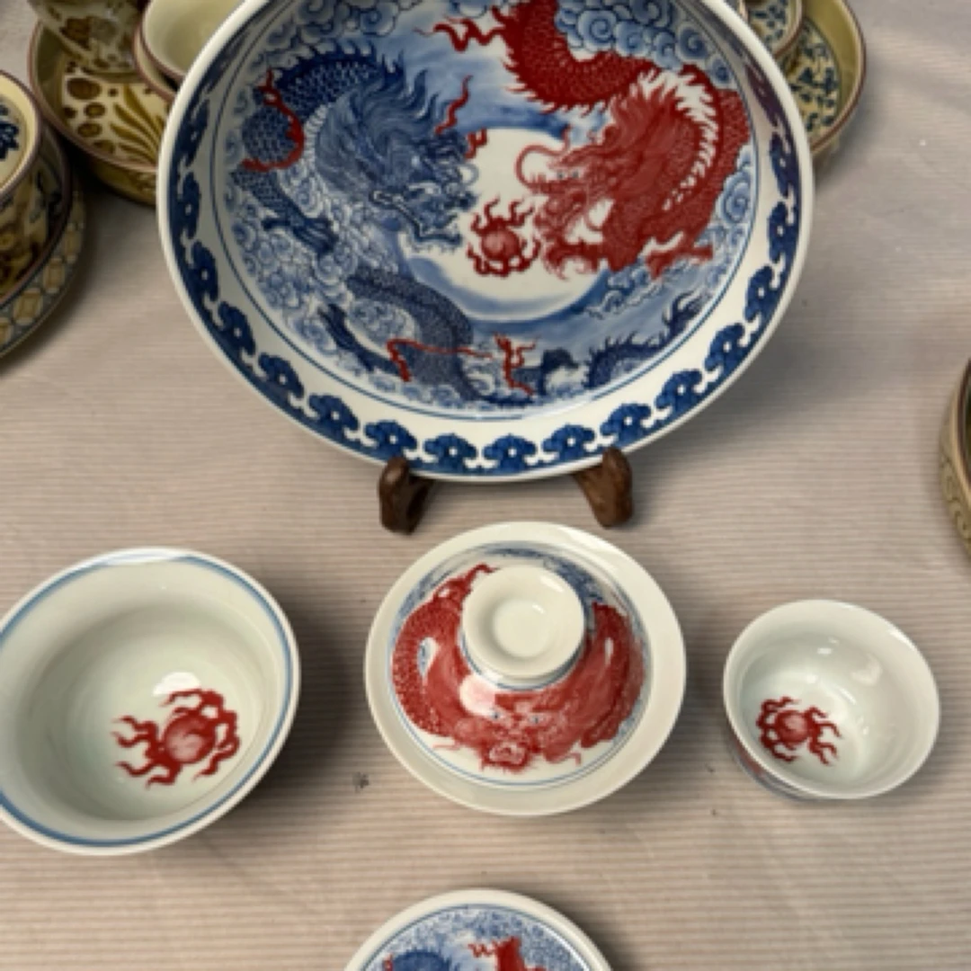 景德镇茶具双龙戏珠套组白瓷