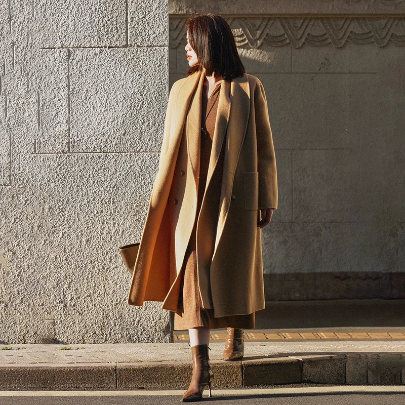 【折扣款】PLUSMALL Latte奶咖大衣 双面呢假两件大衣PPPP2411042