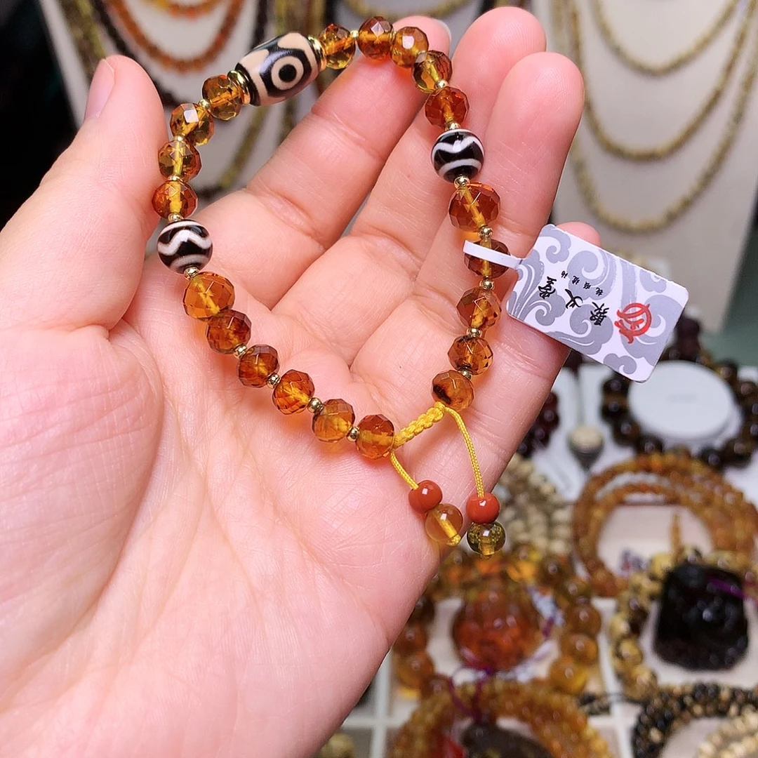 琥珀未镶嵌裸石砖石面切割手串-975