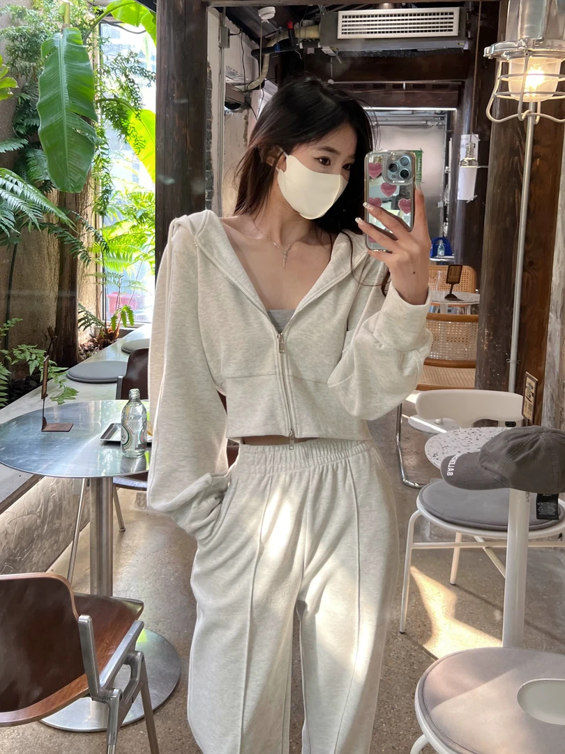 (双头拉链短款外套)时尚休闲百搭连帽宽松加绒加厚灰色韩版带帽