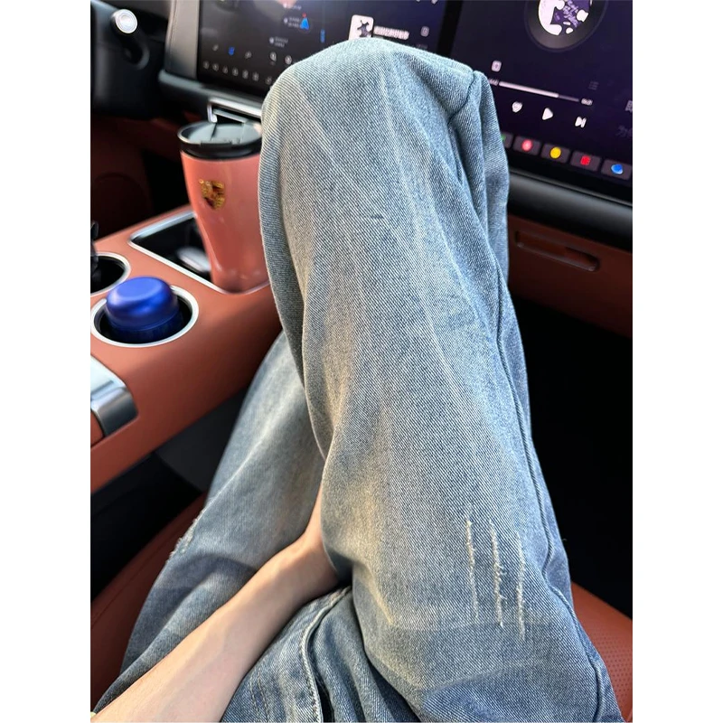 美式潮牌水洗闪电纹牛仔裤男款高级感痞帅刮烂毛边裤子微喇直筒裤