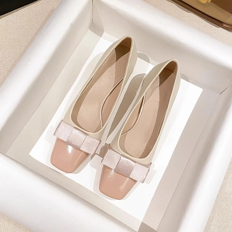 小香风高跟鞋女粗跟2025年新款方头拼色蝴蝶结不累脚浅口单鞋