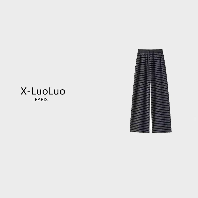 【X-LuoLuo洛洛】加绒加厚条纹休闲裤女冬显瘦气质百搭直筒阔腿裤