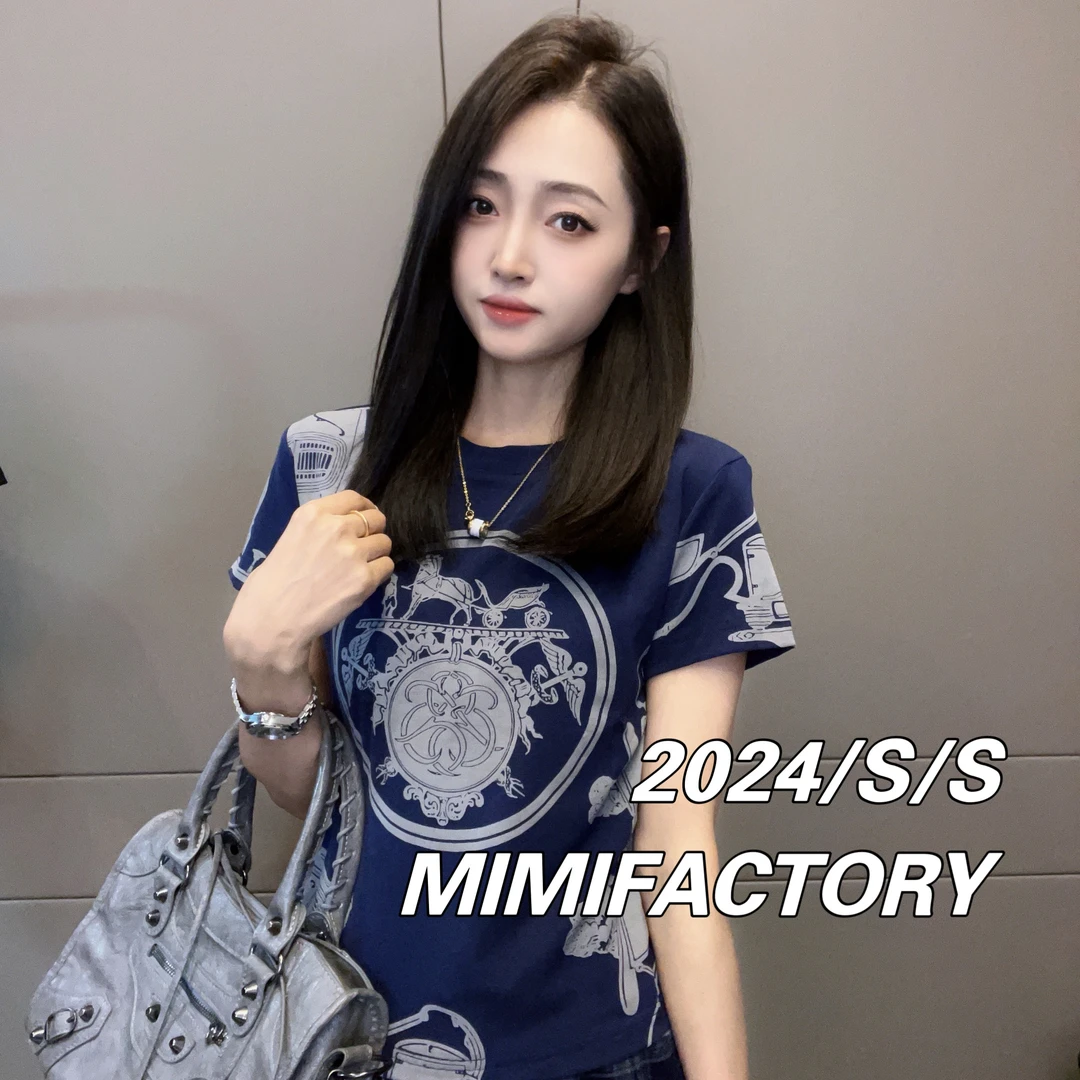 芈芈-1793 2025新款圆领短袖 欧货满印百搭短袖T恤女修身显瘦XCTQ