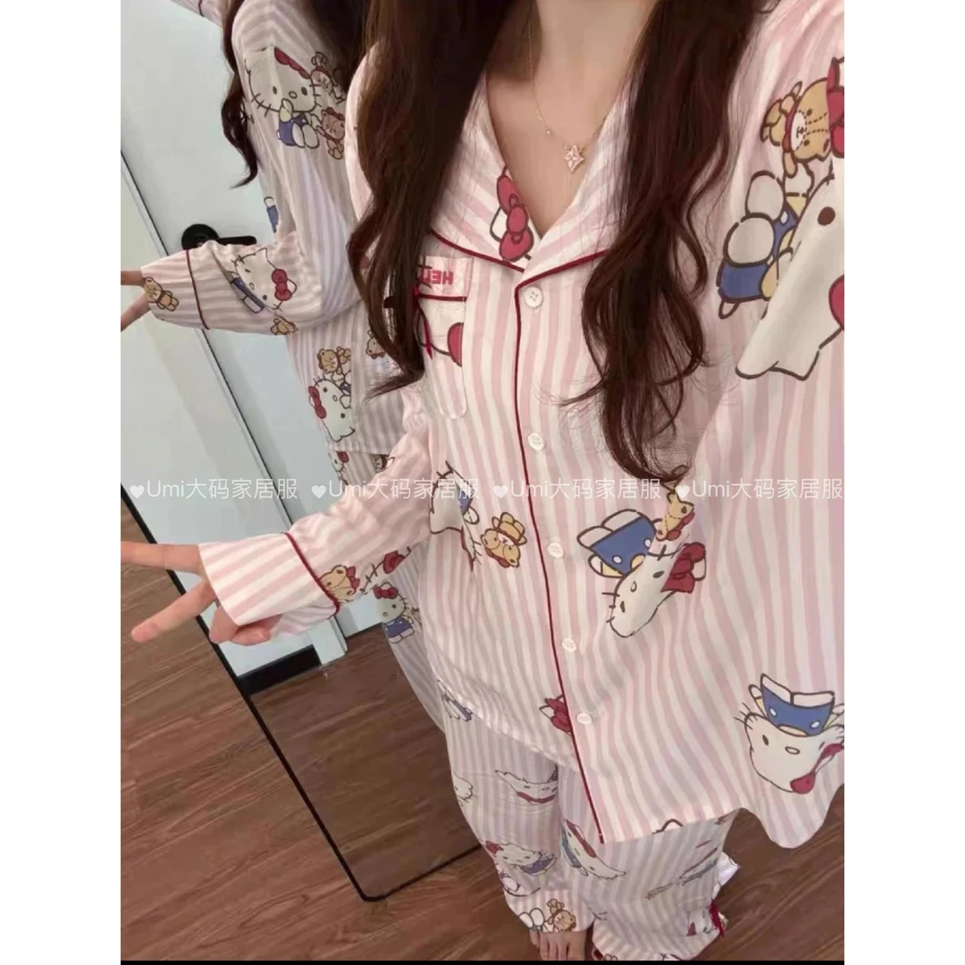 大码睡衣女120斤到260斤宽松显瘦版型长袖长裤可爱kitty印花套装