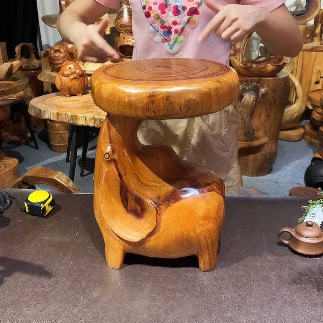 香樟木大象凳花架摆件