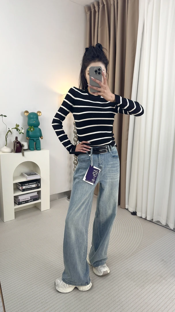 2673圆领条纹秋季秋冬长袖套头毛针织衫轻职风秋装显瘦