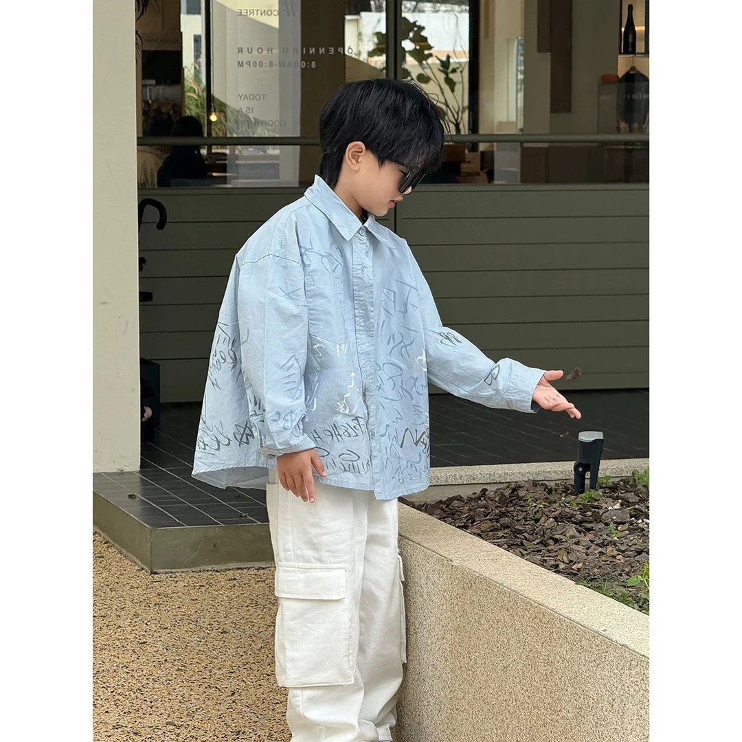 儿童春秋款长袖衬衫童装秋装衬衫男女童酷帅上衣印花衬衫外套