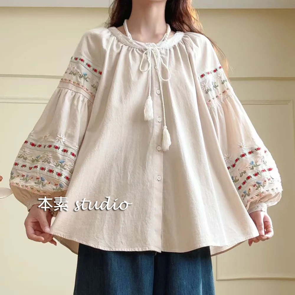 小花园Y3012刺绣全开扣系带圆领衬衫