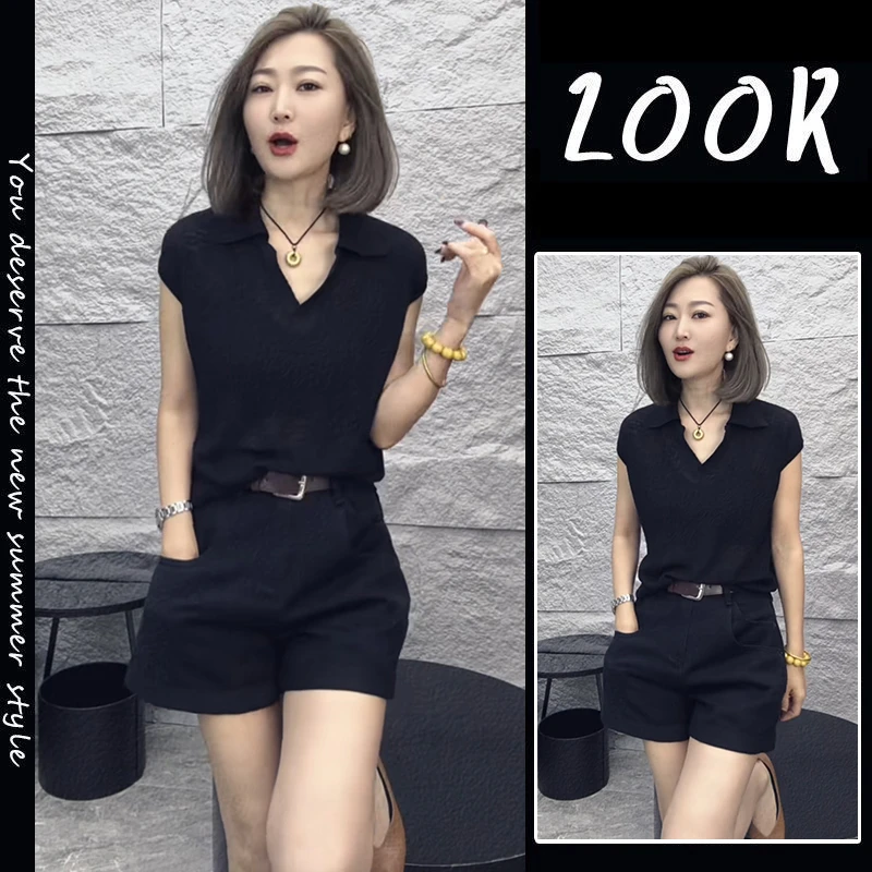 洋气炸街套装夏季新款时尚气质黑色短袖上衣高腰阔腿短裤两件套女