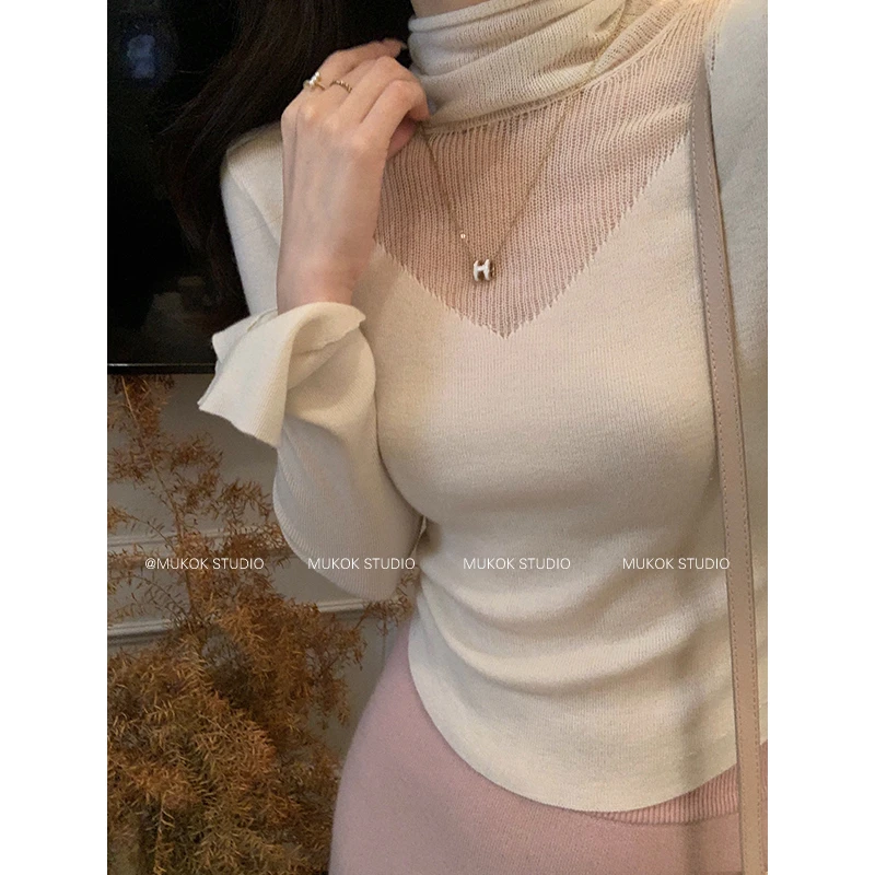 MUKOK 秋冬新款时髦洋气高领针织衫女高级感毛衣百搭打底上衣