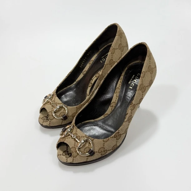 95新 GUCCI/古驰 35.5码Gucci古驰老花拼色鱼嘴高跟鞋95新