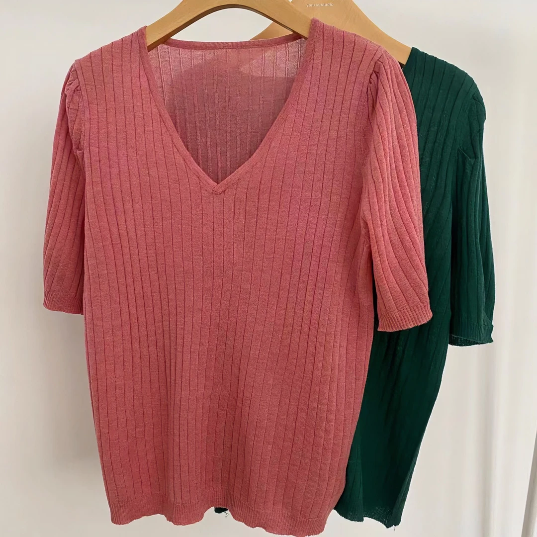 显瘦 竖条简约V领薄款短袖 软糯打底上衣 Q805