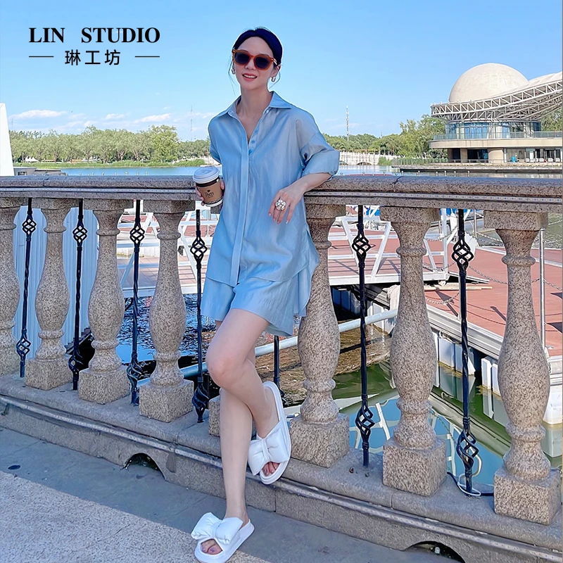 【衬衫】琳工坊烟霭文艺风轻薄蓝色衬衫时尚休闲唐琳设计师